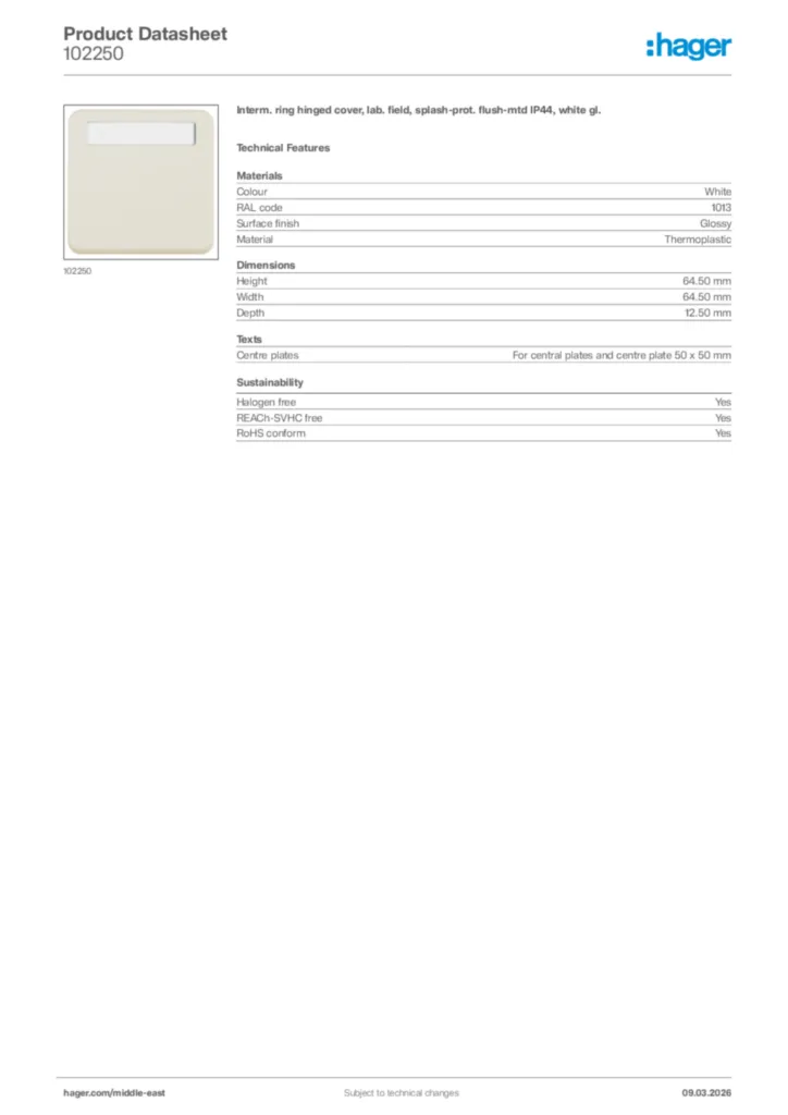 Image Hager Product data sheet 102250  | Hager