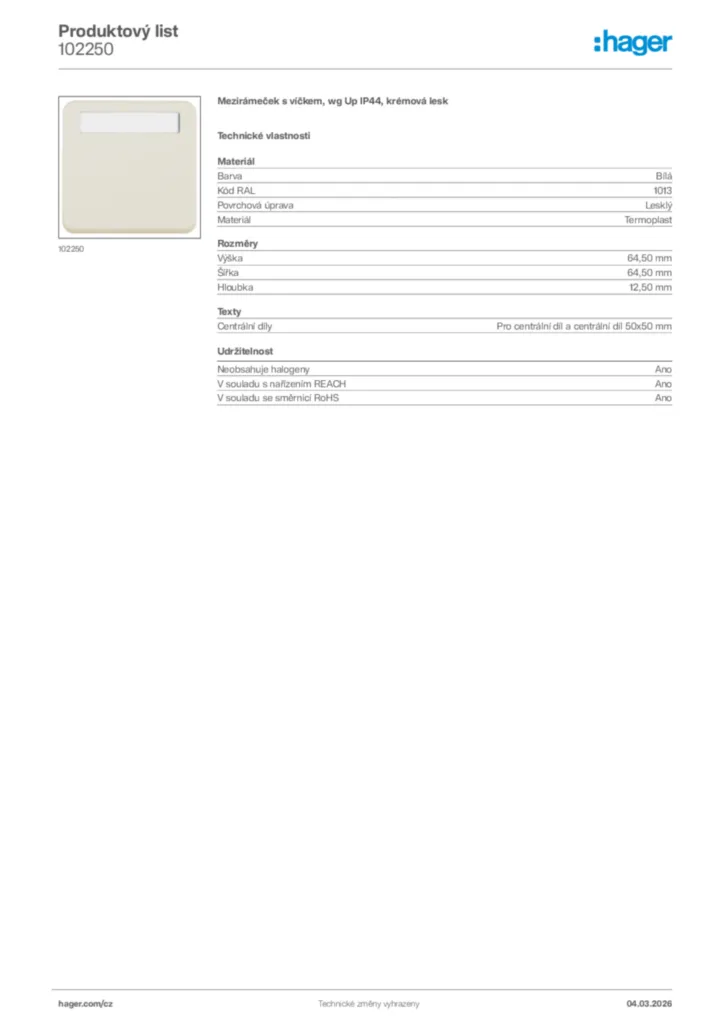 Obrázek Hager Product data sheet 102250 | Hager