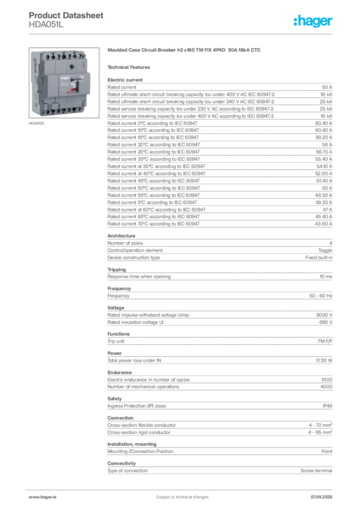 Image Hager Product data sheet HDA051L  | Hager