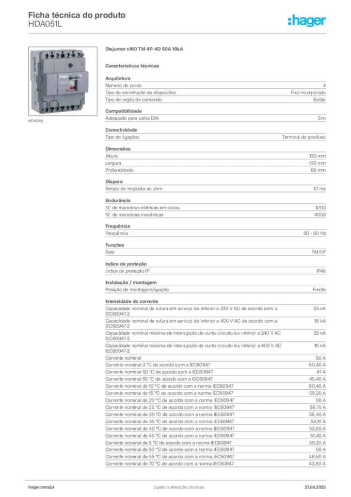 Imagem Hager Ficha técnica do produto HDA051L | Hager Portugal