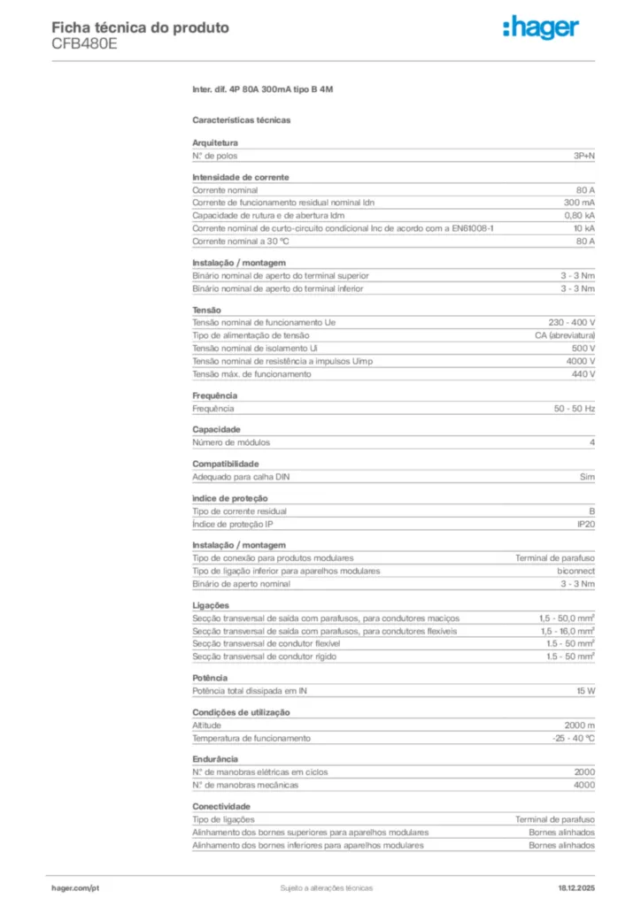 Imagem Hager Ficha técnica do produto CFB480E | Hager Portugal