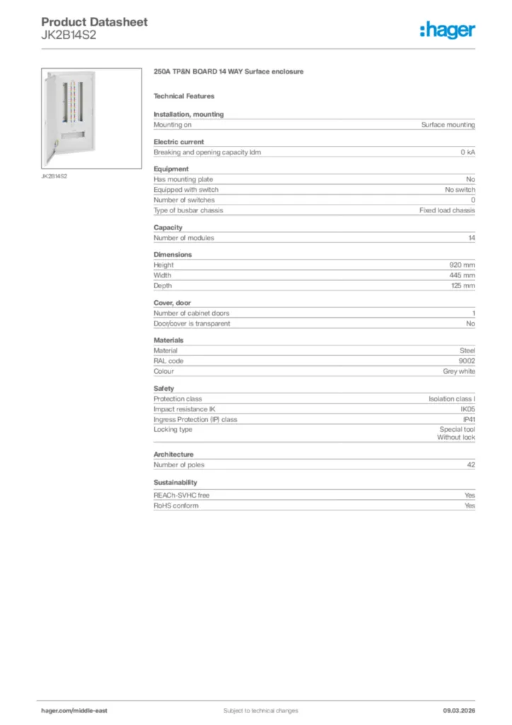 Image Hager Product data sheet JK2B14S2  | Hager