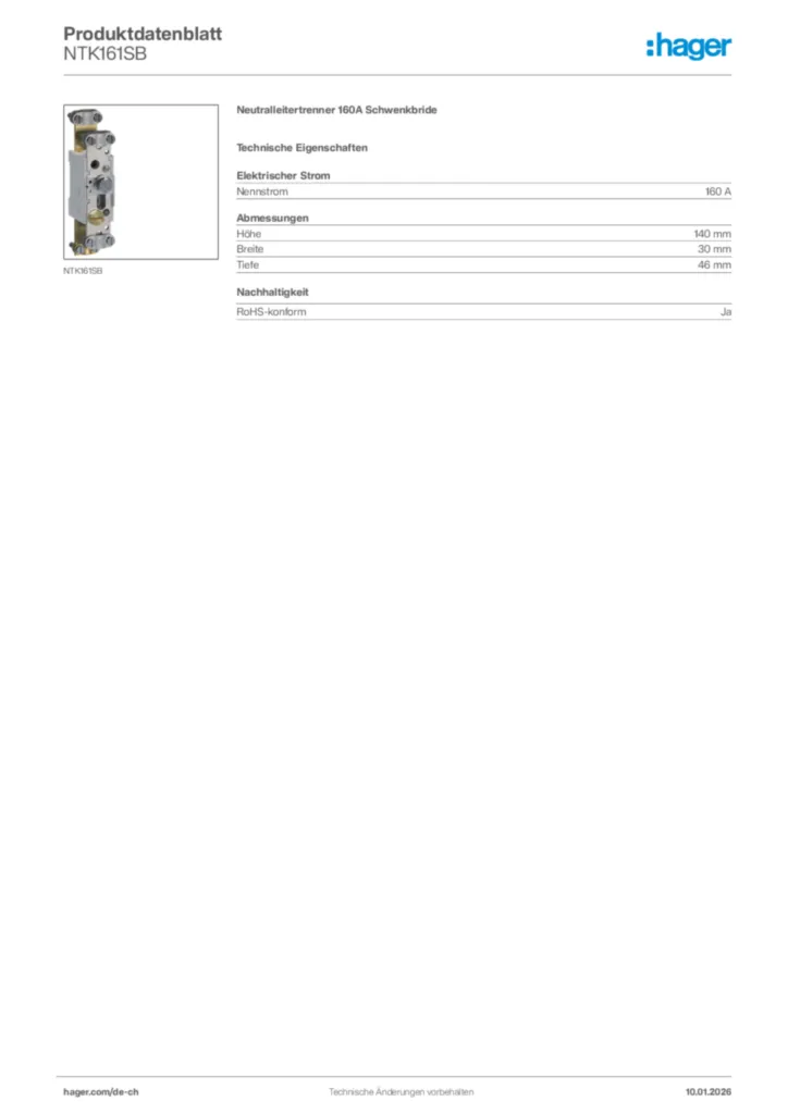 Bild Hager Produktdatenblatt NTK161SB | Hager Schweiz