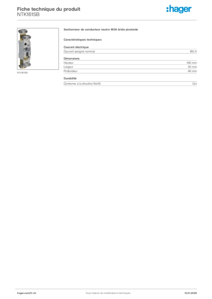 Image Hager Fiche technique du produit NTK161SB | Hager Suisse