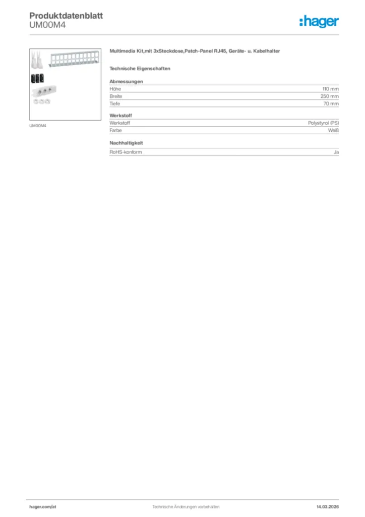 Bild Hager Produktdatenblatt UM00M4 | Hager Deutschland