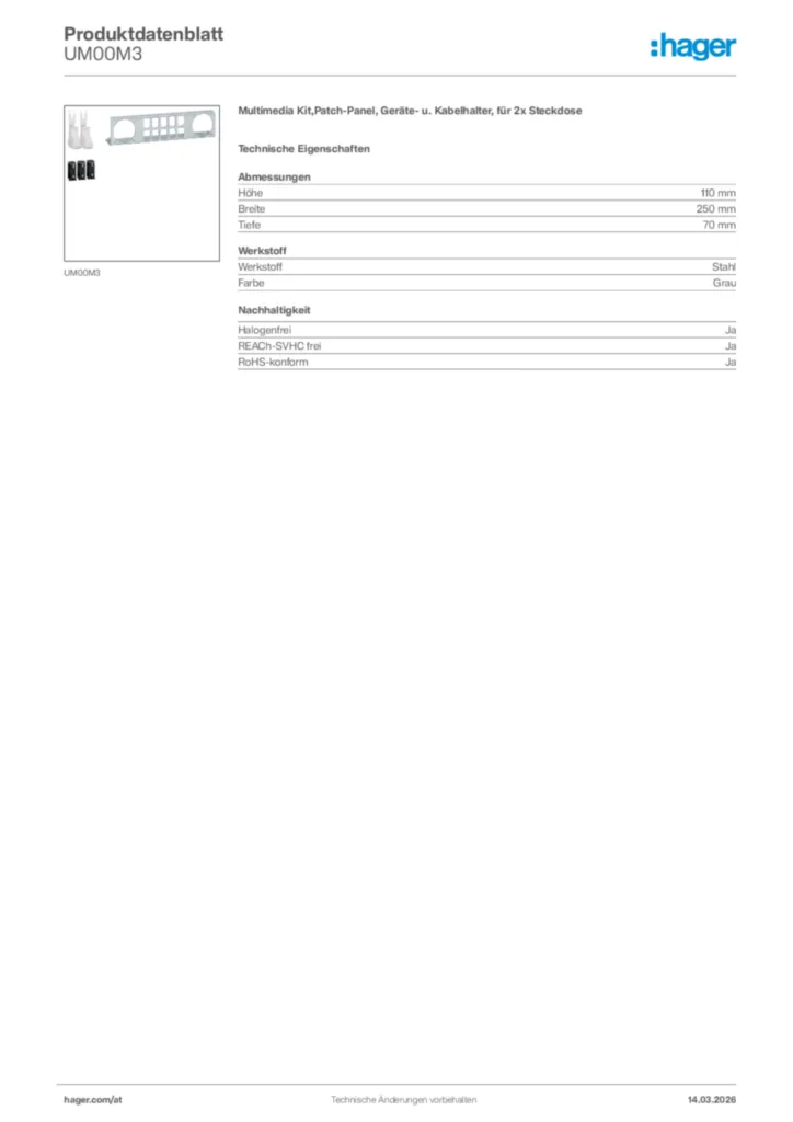 Bild Hager Produktdatenblatt UM00M3 | Hager Deutschland
