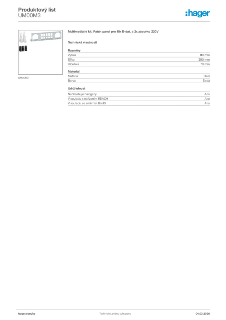 Obrázek Hager Product data sheet UM00M3 | Hager
