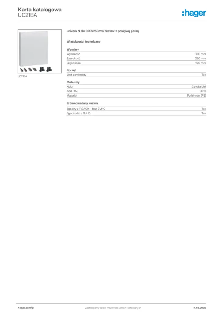 Zdjęcie Hager Karta katalogowa UC21BA | Hager Polska