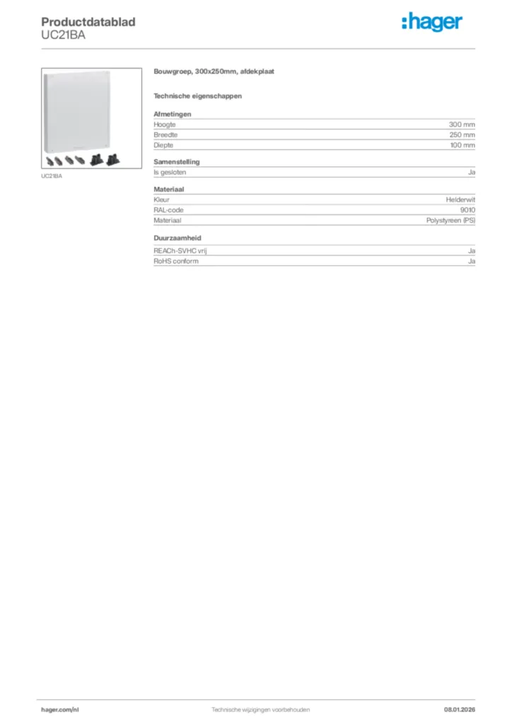 Afbeelding Hager Productdatablad UC21BA | Hager Nederland