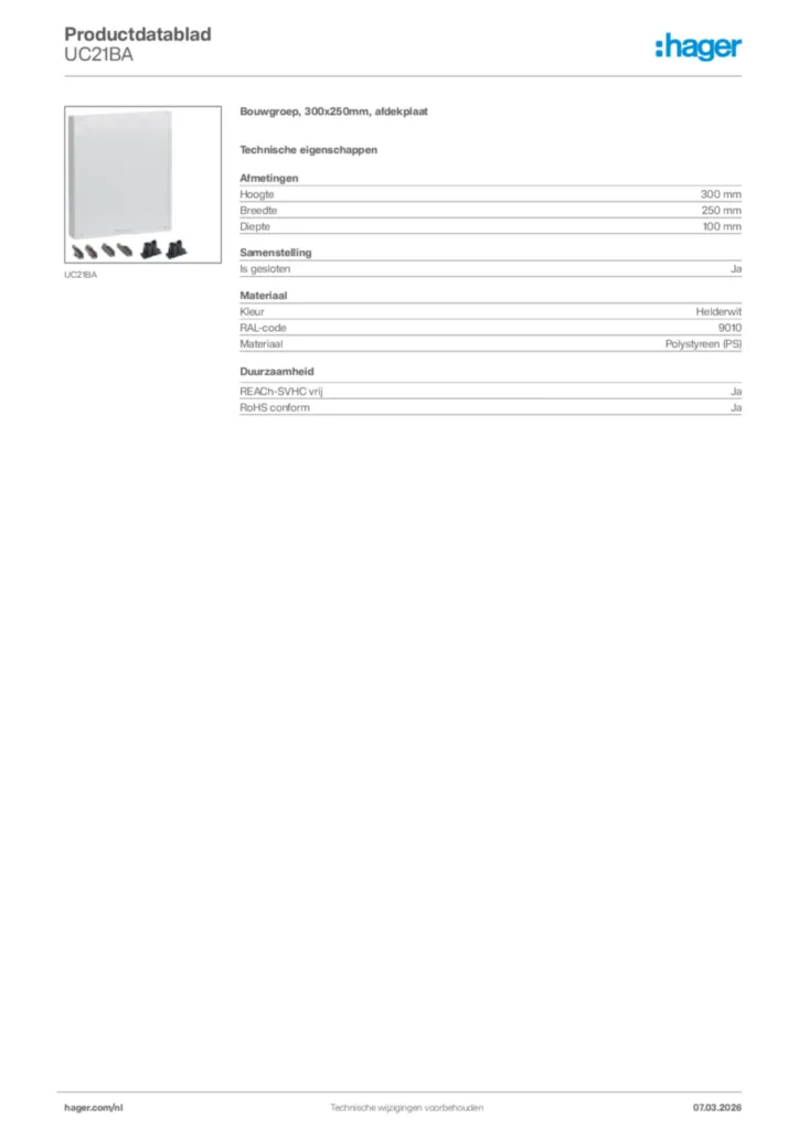 Afbeelding Hager Productdatablad UC21BA | Hager Nederland