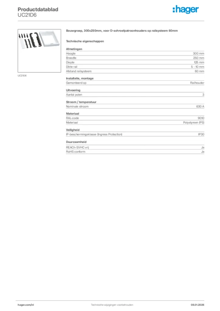 Afbeelding Hager Productdatablad UC21D6 | Hager Nederland