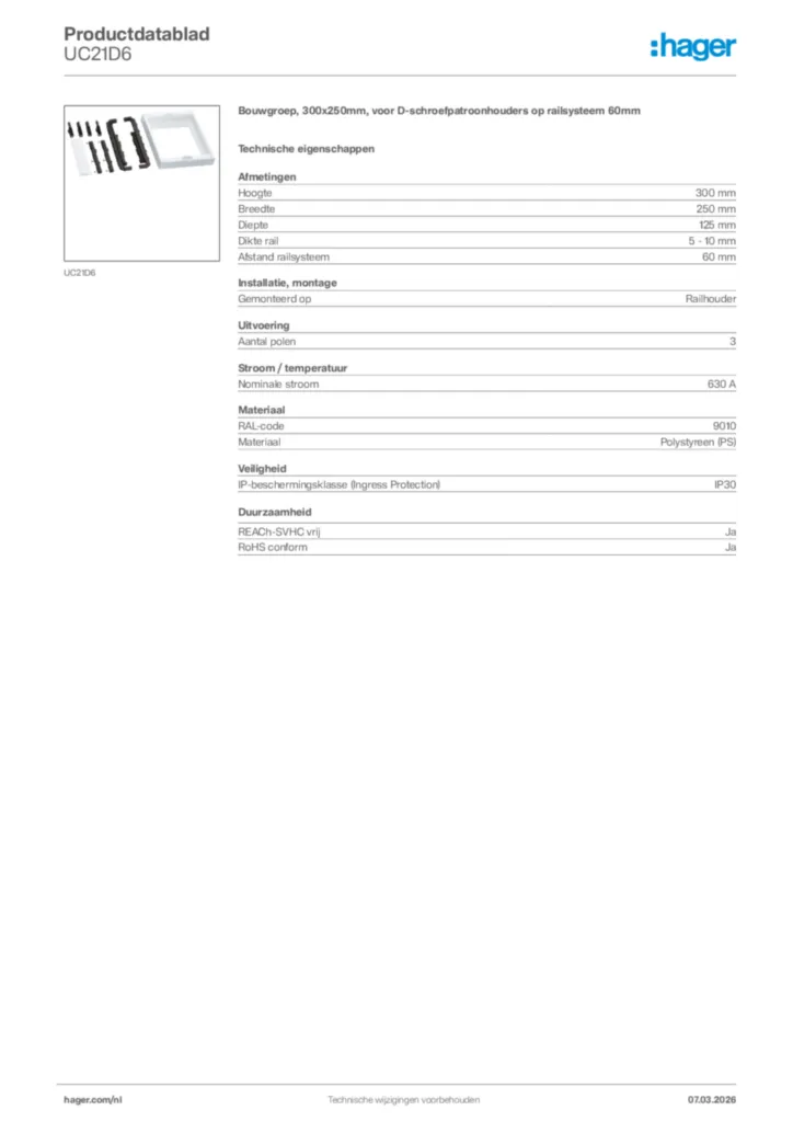 Afbeelding Hager Productdatablad UC21D6 | Hager Nederland