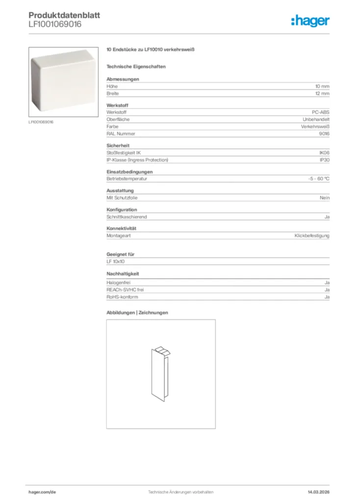 Bild Hager Produktdatenblatt LF1001069016 | Hager Deutschland