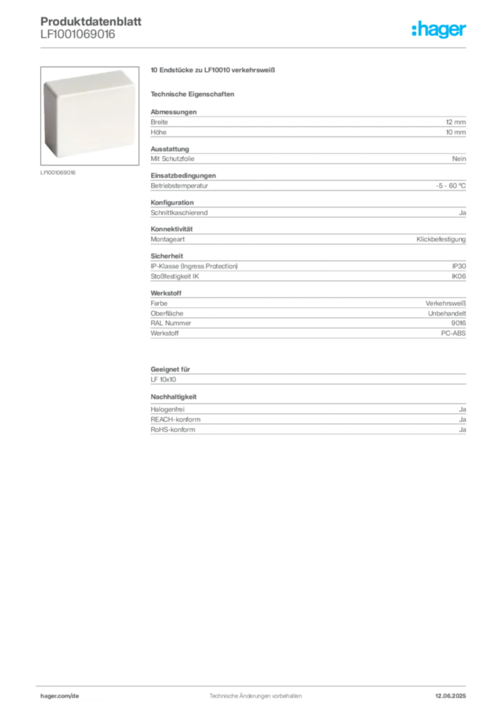 Bild Hager Produktdatenblatt LF1001069016 | Hager Deutschland
