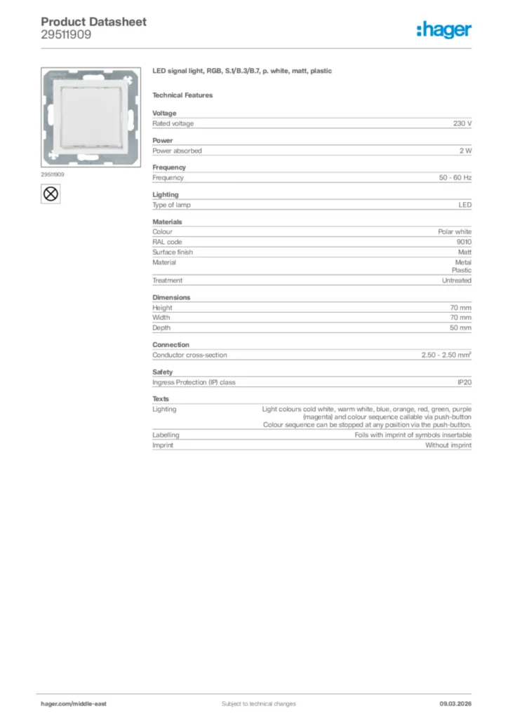 Image Hager Product data sheet 29511909  | Hager