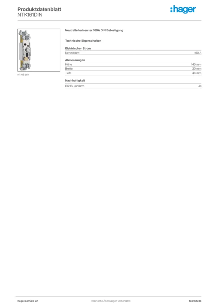 Bild Hager Produktdatenblatt NTK161DIN | Hager Schweiz