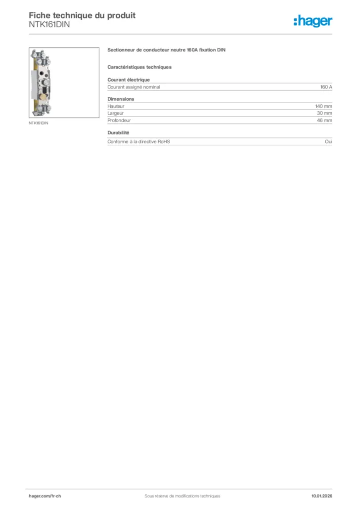 Image Hager Fiche technique du produit NTK161DIN | Hager Suisse