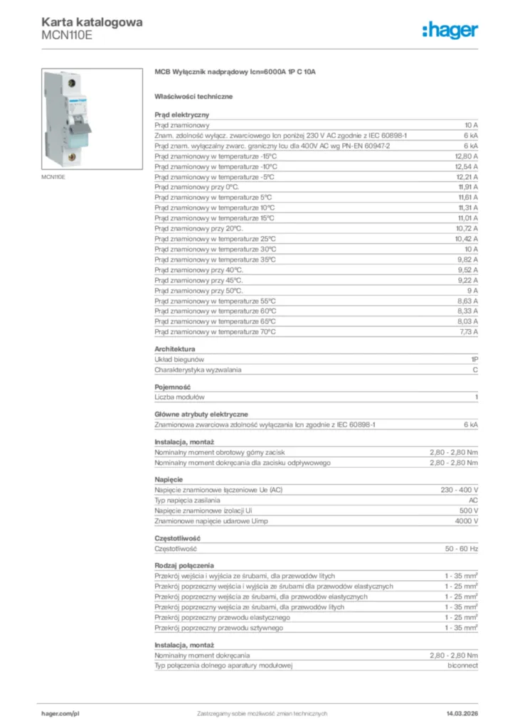 Zdjęcie Hager Karta katalogowa MCN110E | Hager Polska