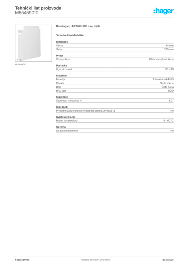 Slika Hager Product data sheet M55459010  | Hager