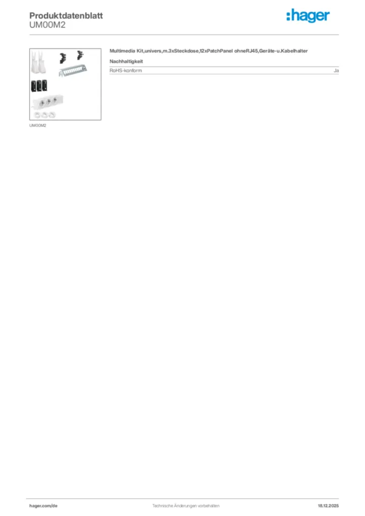 Bild Hager Produktdatenblatt UM00M2 | Hager Deutschland