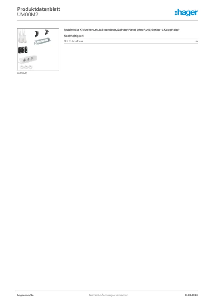 Bild Hager Produktdatenblatt UM00M2 | Hager Deutschland