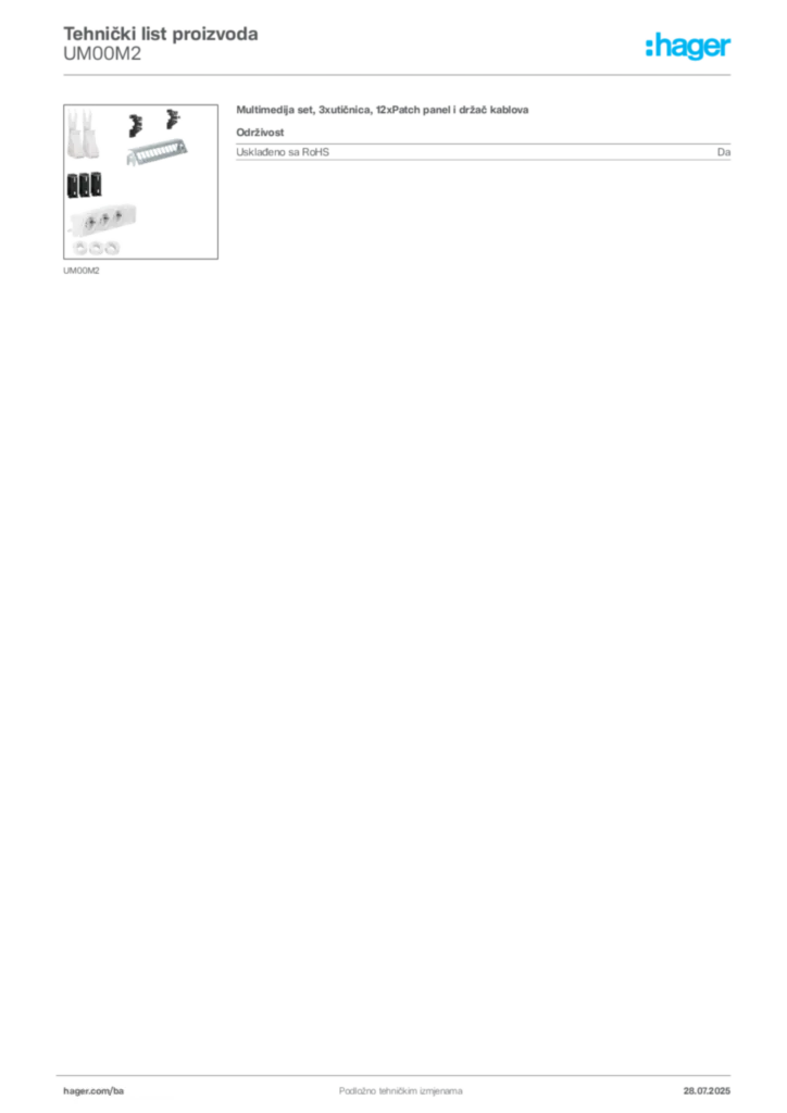 Slika Hager Product data sheet UM00M2  | Hager