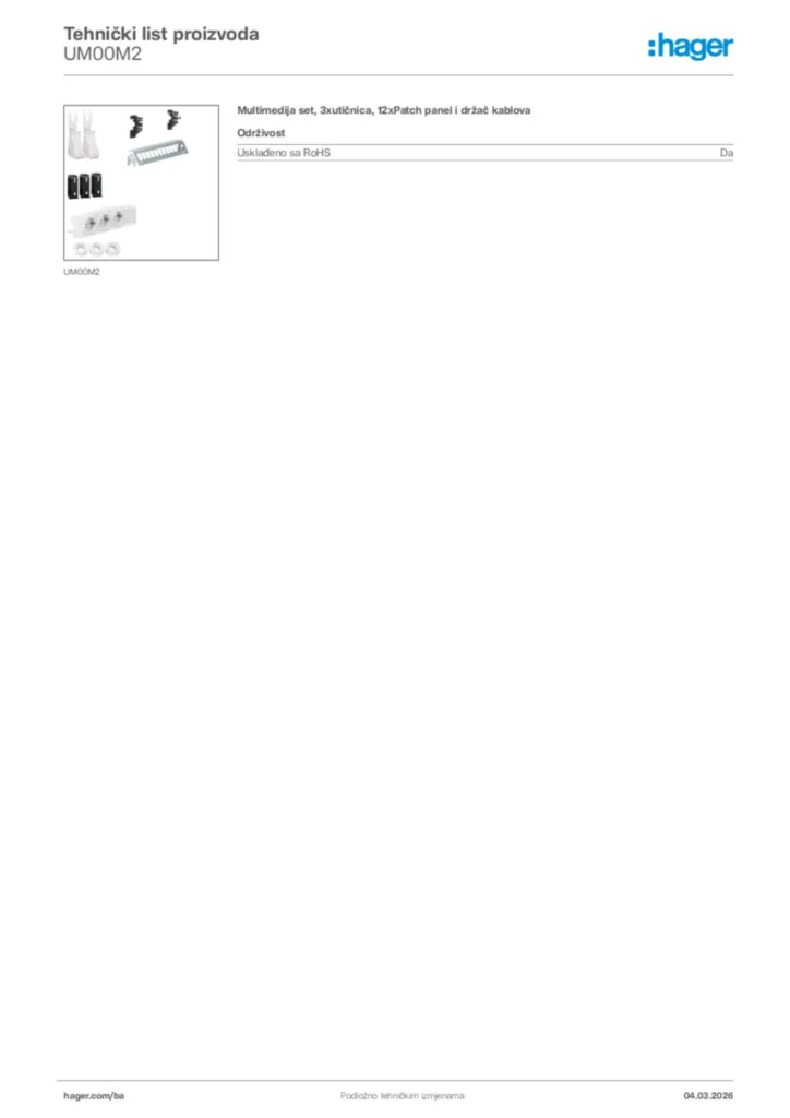 Slika Hager Tehnički list proizvoda UM00M2  | Hager