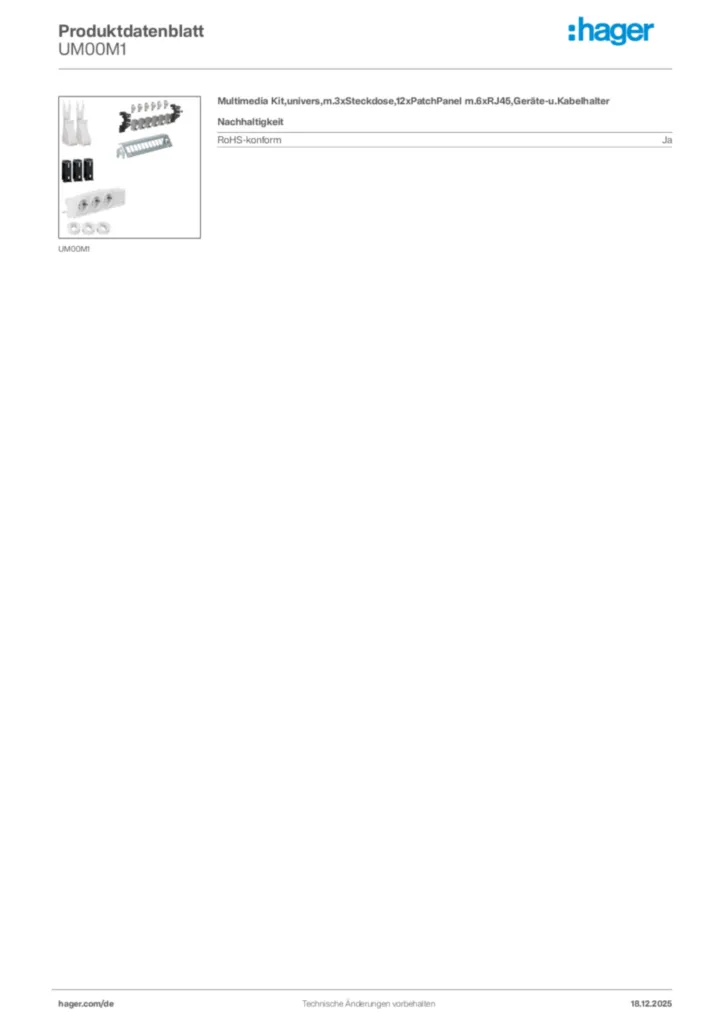 Bild Hager Produktdatenblatt UM00M1 | Hager Deutschland