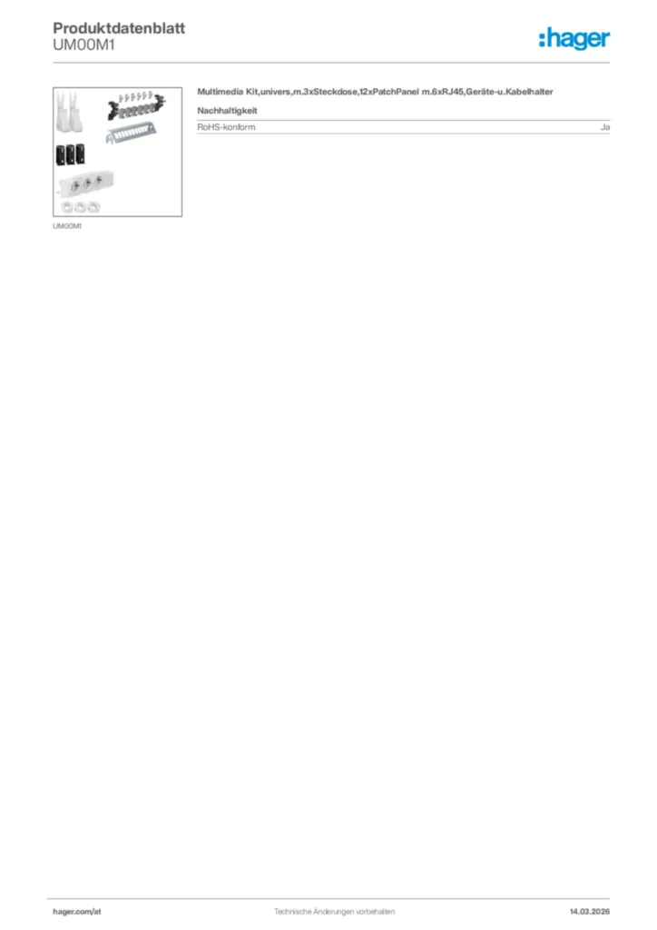 Bild Hager Produktdatenblatt UM00M1 | Hager Deutschland