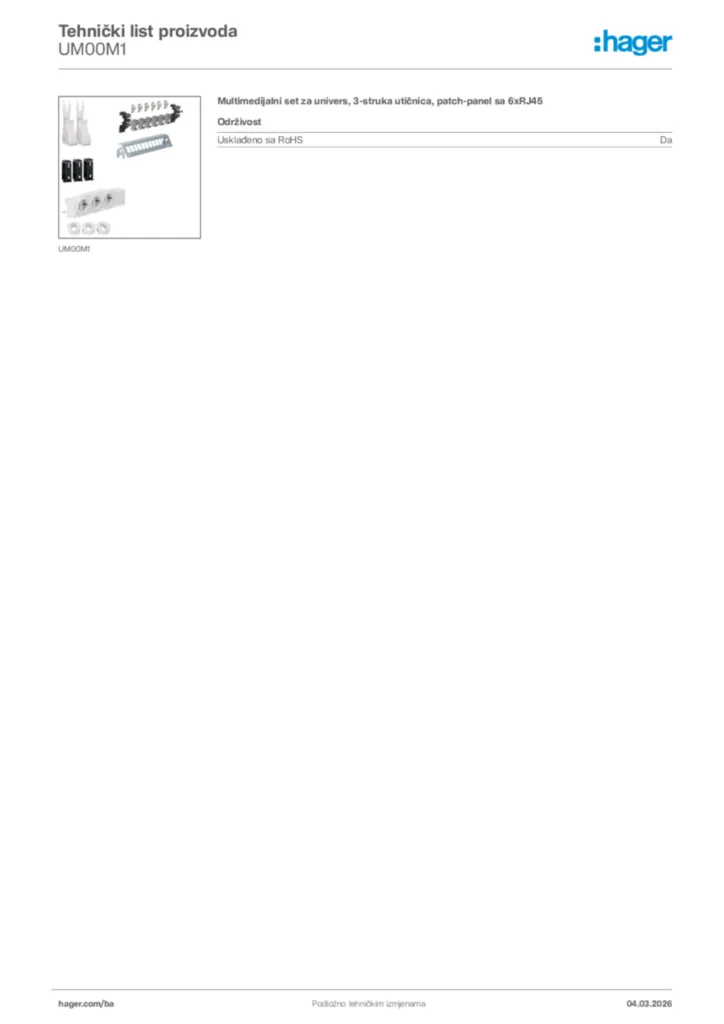 Slika Hager Tehnički list proizvoda UM00M1  | Hager