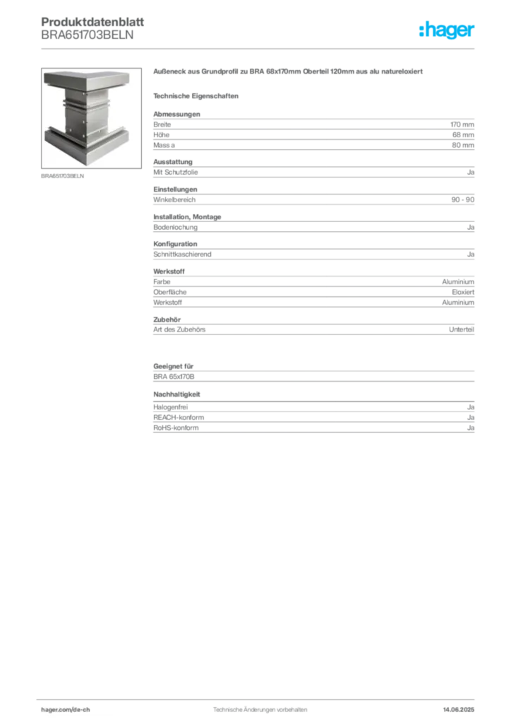 Bild Hager Produktdatenblatt BRA651703BELN | Hager Schweiz