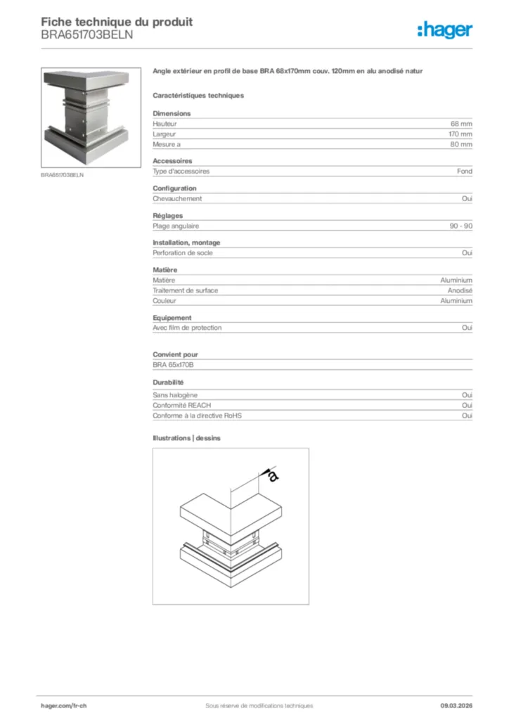 Image Hager Fiche technique du produit BRA651703BELN | Hager Suisse