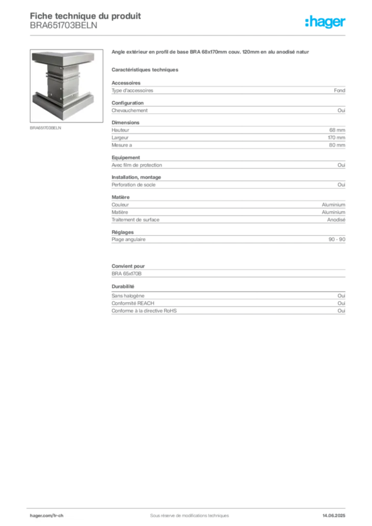 Image Hager Fiche technique du produit BRA651703BELN | Hager Suisse