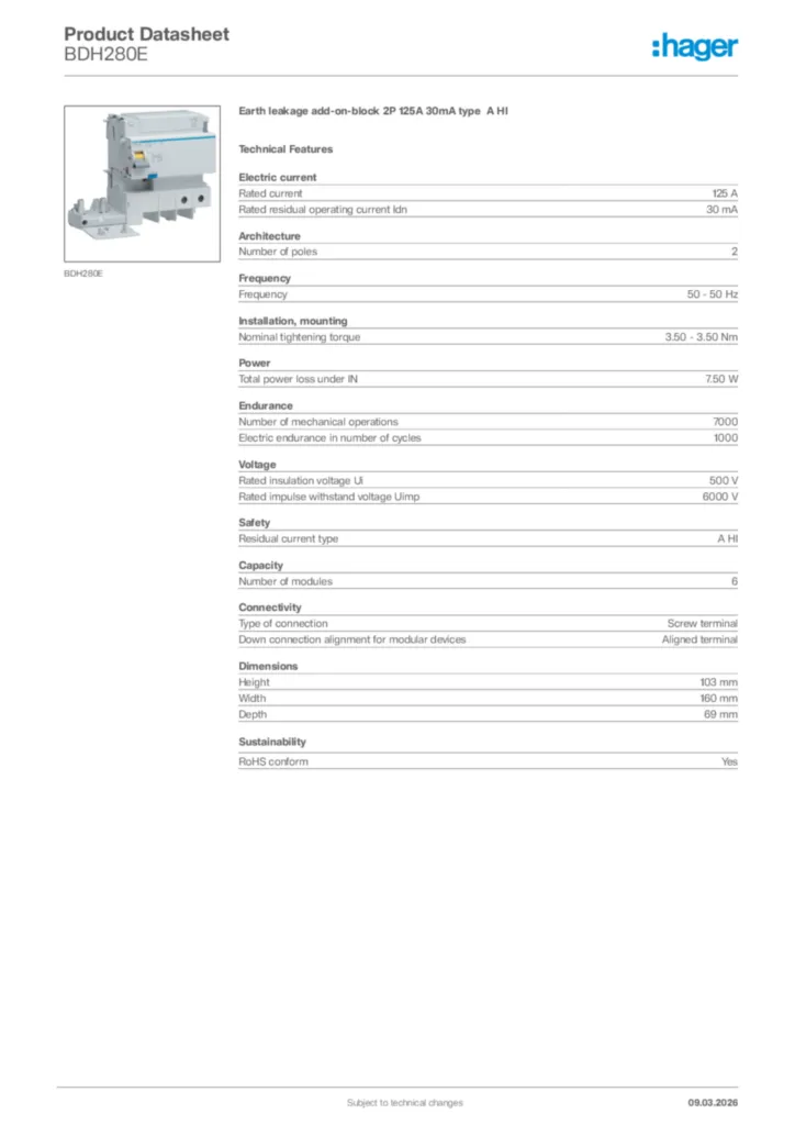 Image Hager Product data sheet BDH280E  | Hager Africa