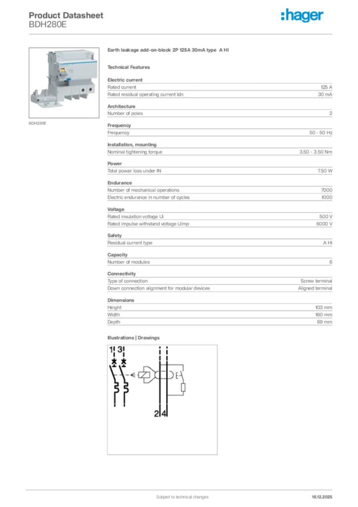 Image Hager Product data sheet BDH280E  | Hager Africa