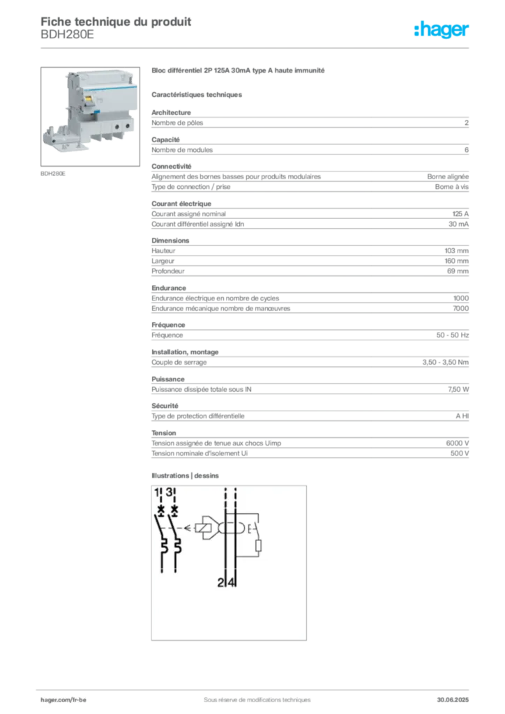 Image Hager Fiche technique du produit BDH280E | Hager Belgique