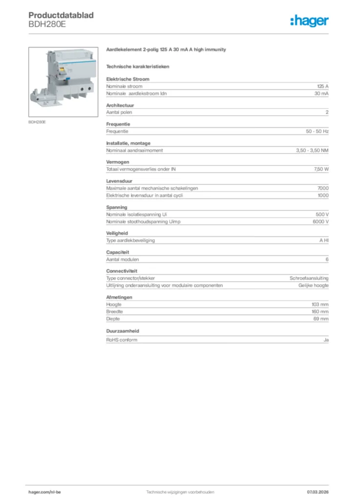 Afbeelding Hager Productdatablad BDH280E | Hager Belgium