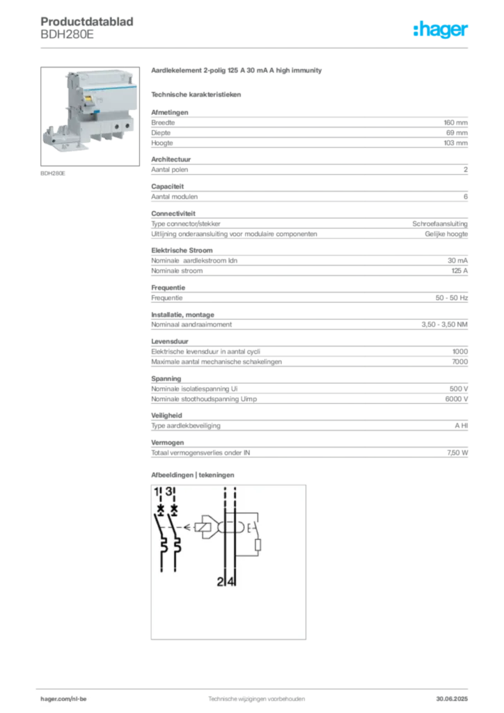 Afbeelding Hager Productdatablad BDH280E | Hager Belgium