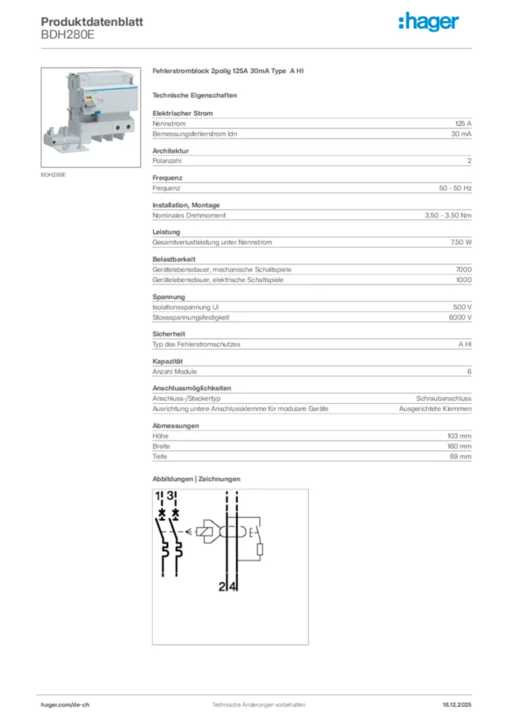Bild Hager Produktdatenblatt BDH280E | Hager Schweiz