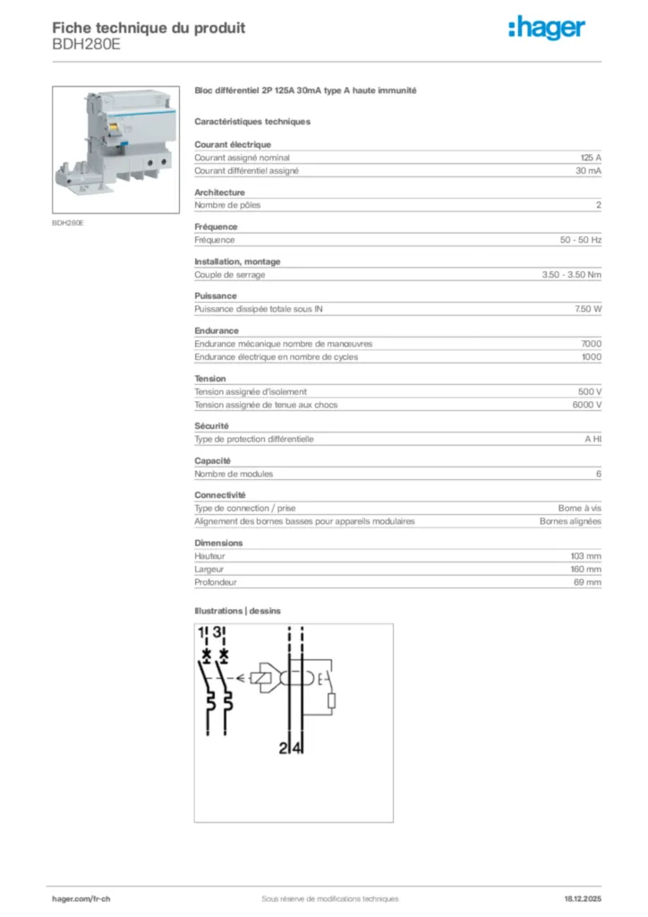Image Hager Fiche technique du produit BDH280E | Hager Suisse