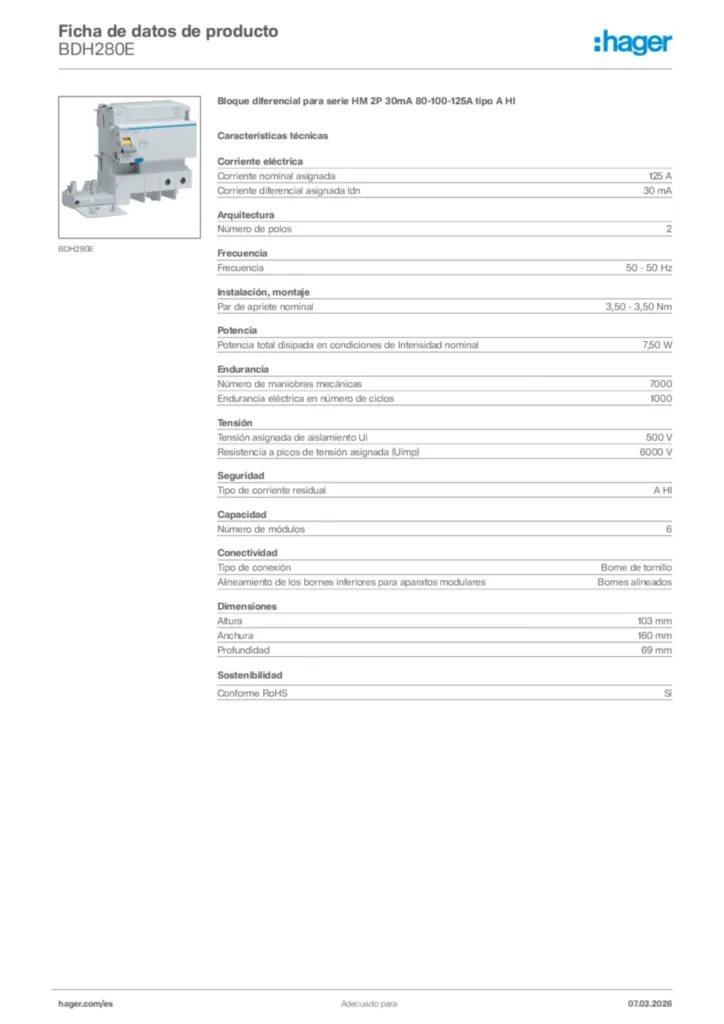 Imagen Hager Ficha de datos de producto BDH280E | Hager España
