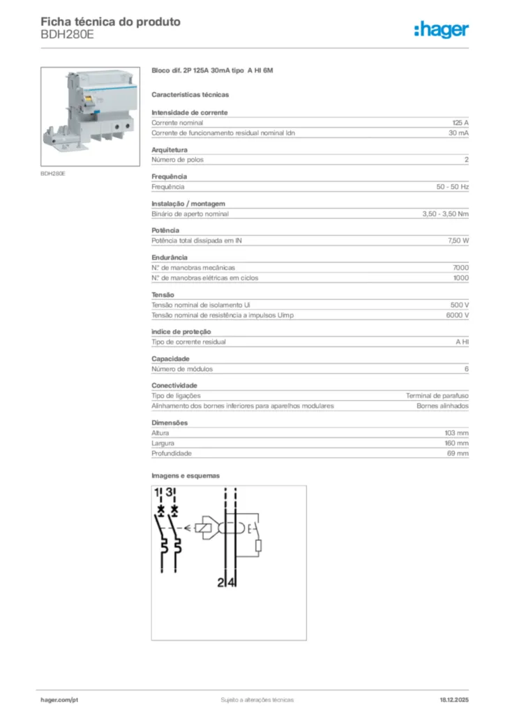 Imagem Hager Ficha técnica do produto BDH280E | Hager Portugal