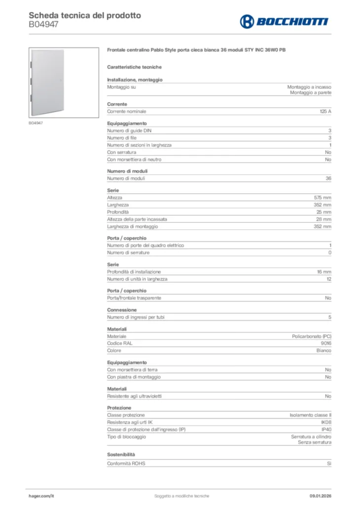 Immagine Bocchiotti Scheda tecnica del prodotto B04947 | Hager Italia