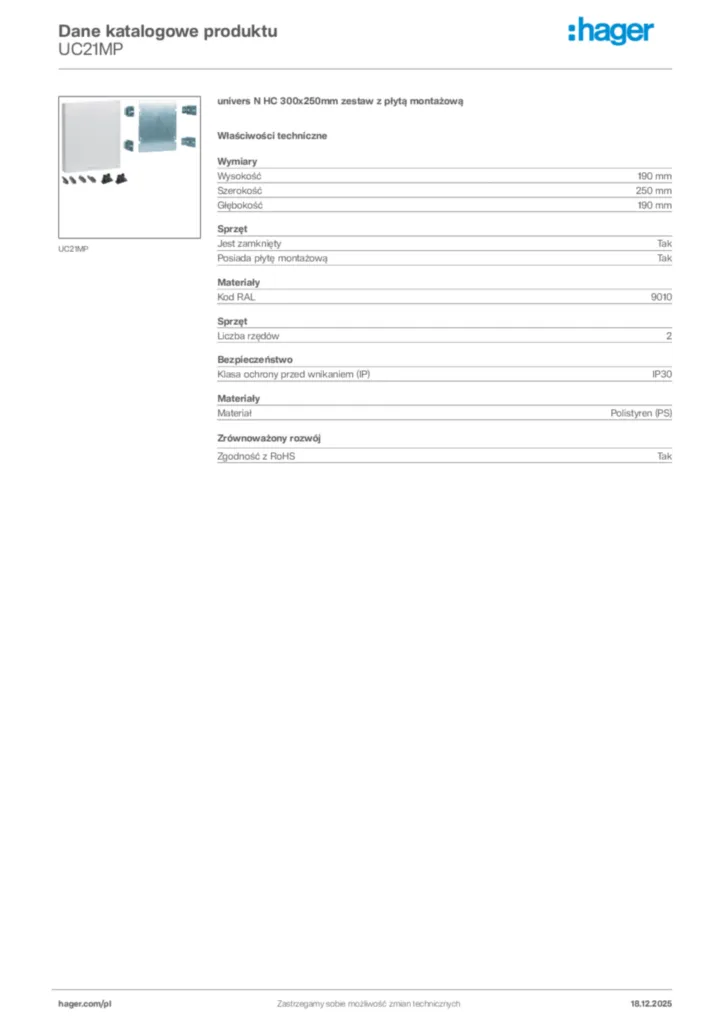 Zdjęcie Hager Karta katalogowa UC21MP | Hager Polska