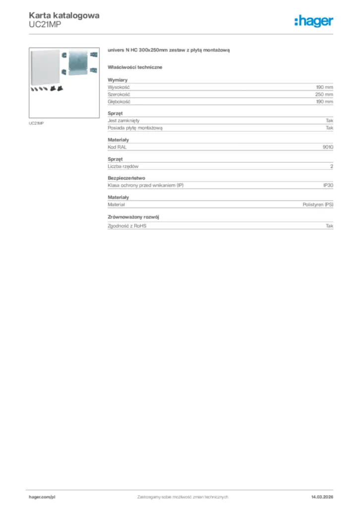 Zdjęcie Hager Karta katalogowa UC21MP | Hager Polska