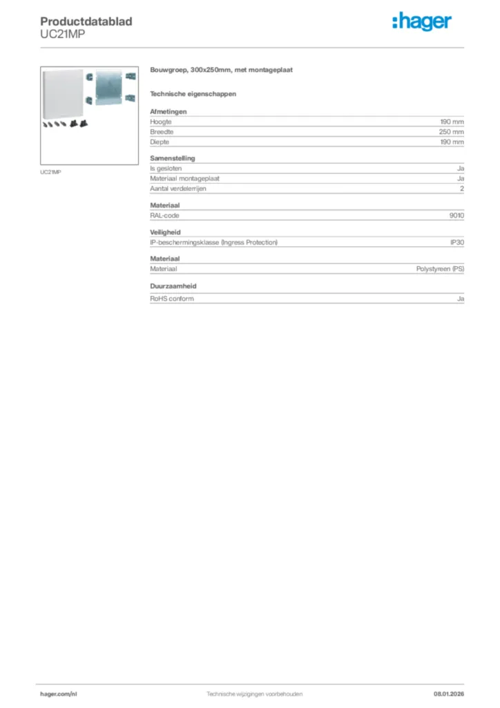 Afbeelding Hager Productdatablad UC21MP | Hager Nederland