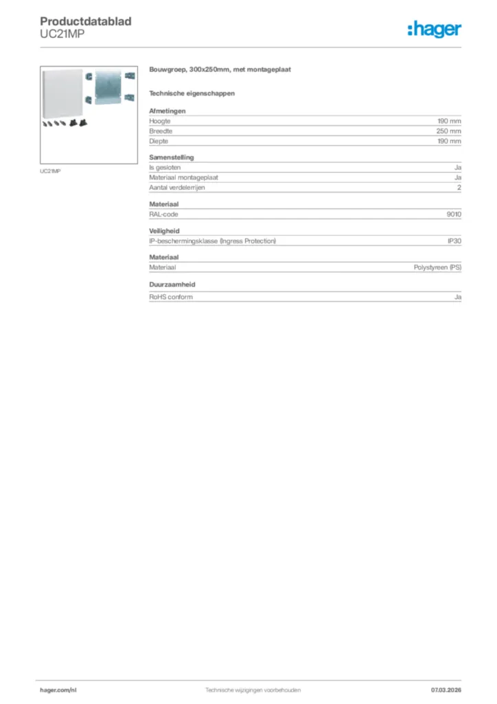 Afbeelding Hager Productdatablad UC21MP | Hager Nederland
