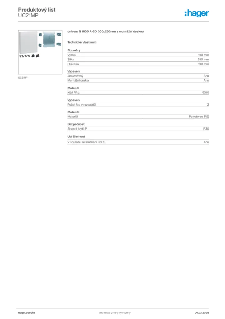 Obrázek Hager Product data sheet UC21MP | Hager