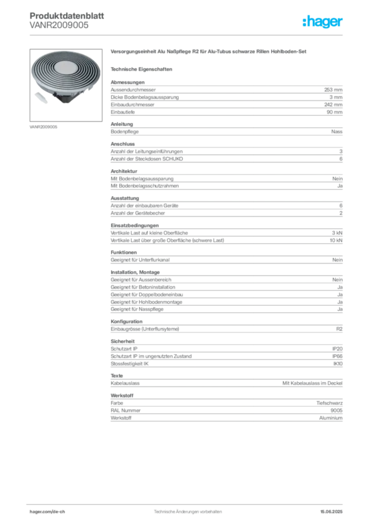 Bild Hager Produktdatenblatt VANR2009005 | Hager Schweiz