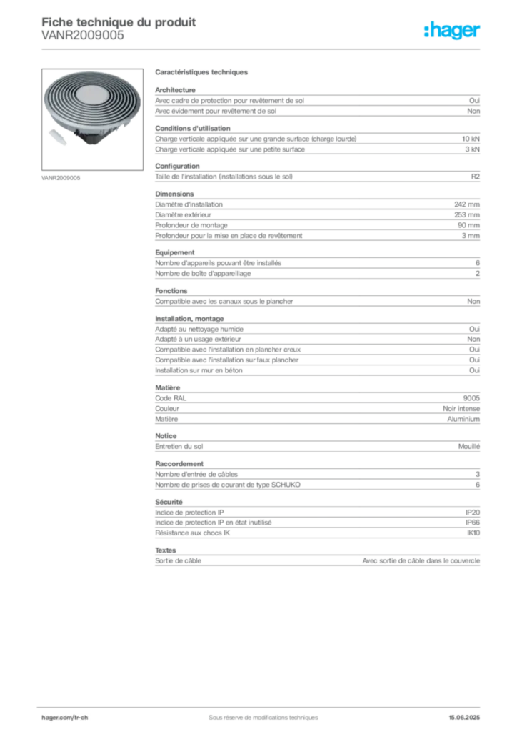 Image Hager Fiche technique du produit VANR2009005 | Hager Suisse